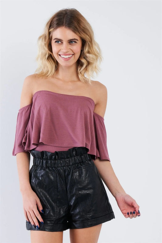 Dusty Pink Ribbed Off-The-Shoulder Flounce Trim Bodysuit /1-2-1 - Tasha Apparel Wholesale