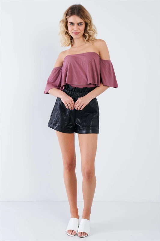Dusty Pink Ribbed Off-The-Shoulder Flounce Trim Bodysuit /3-2-1 - Tasha Apparel Wholesale