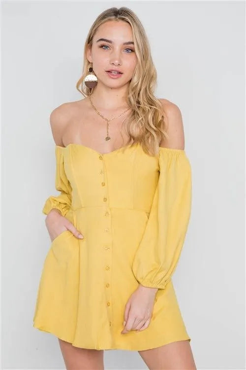 Mustard Off-The-Shoulder Button Down Boho Mini Dress /3-2 - Tasha Apparel Wholesale