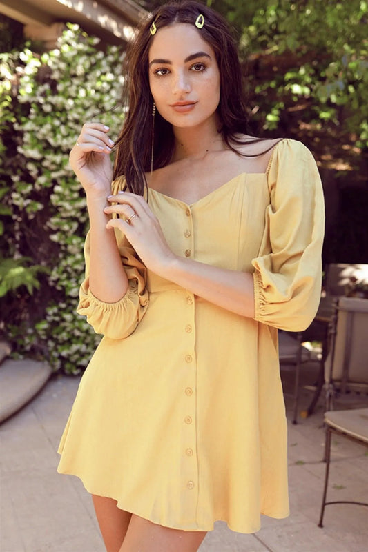 Mustard Off-The-Shoulder Button Down Boho Mini Dress /3-2-1 - Tasha Apparel Wholesale