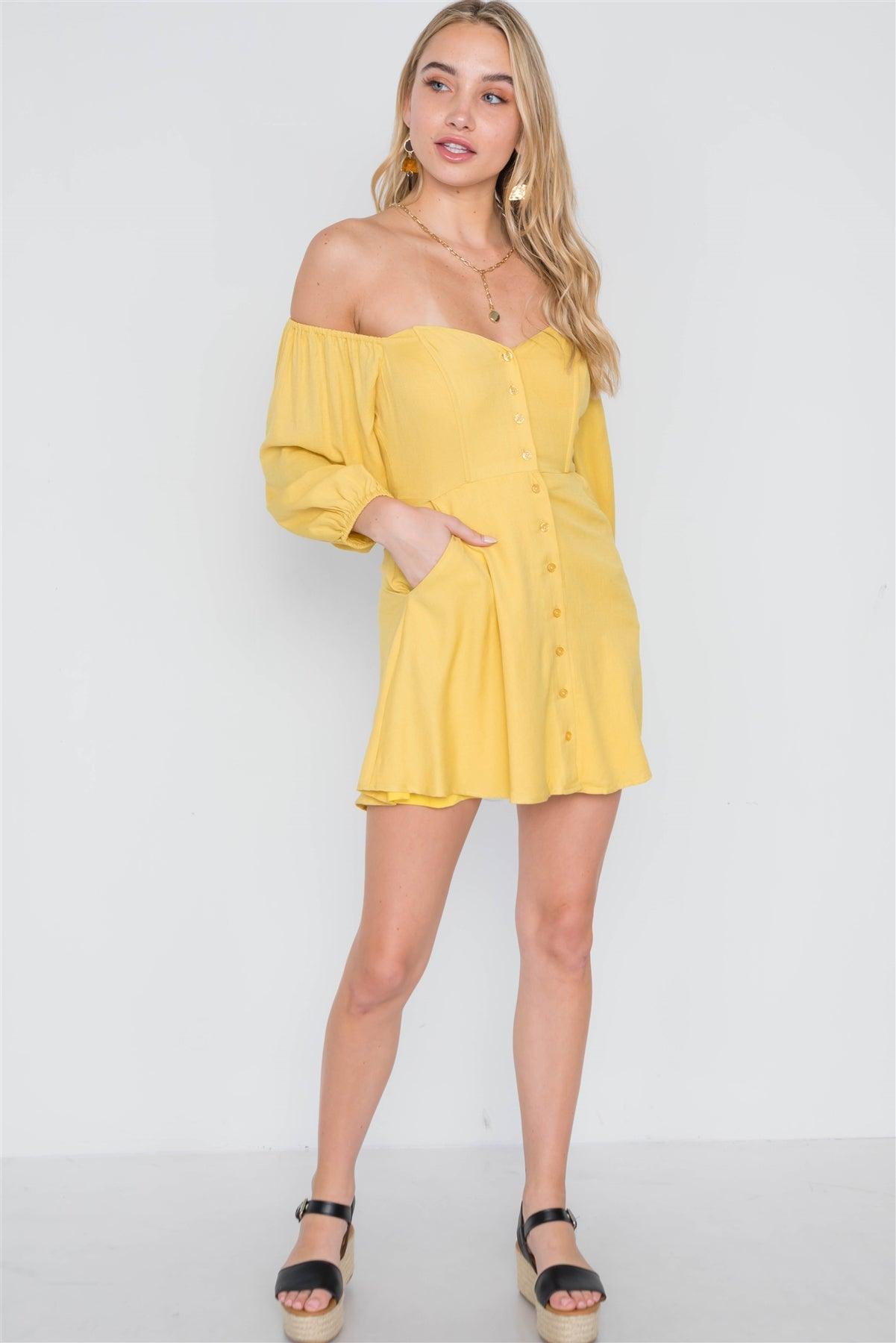 Mustard Off-The-Shoulder Button Down Boho Mini Dress /3-2-1