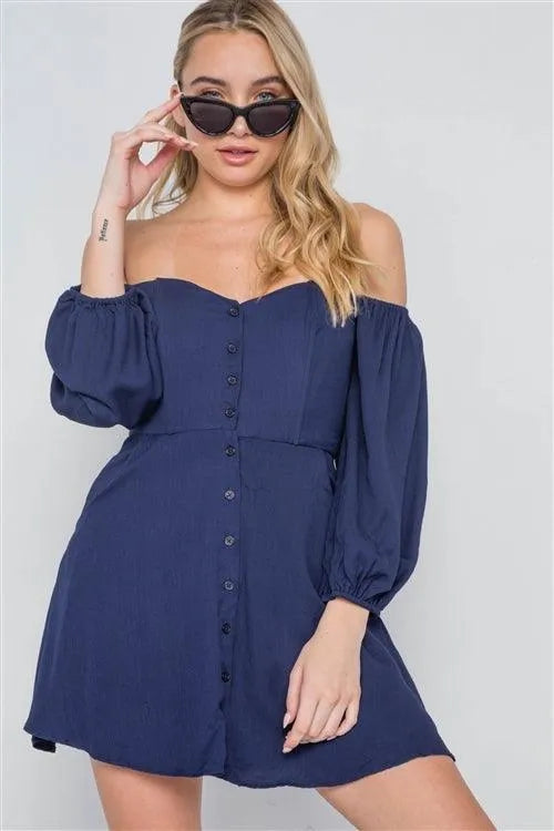 Navy Off-The-Shoulder Button Down Boho Mini Dress /2-2-1 - Tasha Apparel Wholesale