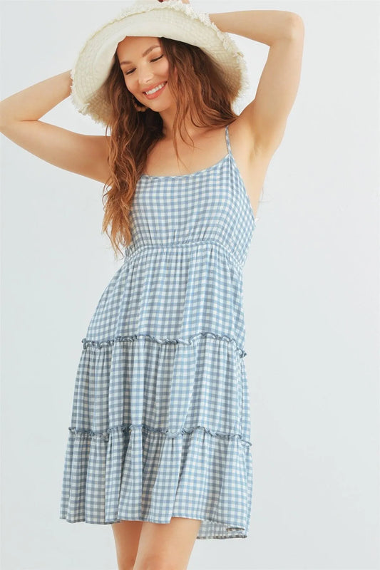 White & Blue Plaid Strappy Ruffle Mini Dress /1-2-2 - Tasha Apparel Wholesale