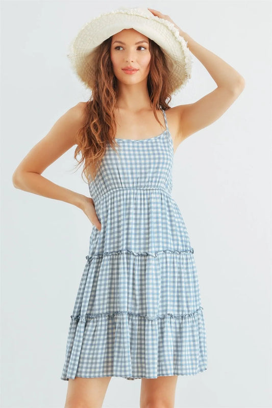 White & Blue Plaid Strappy Ruffle Mini Dress /2-2-2 - Tasha Apparel Wholesale
