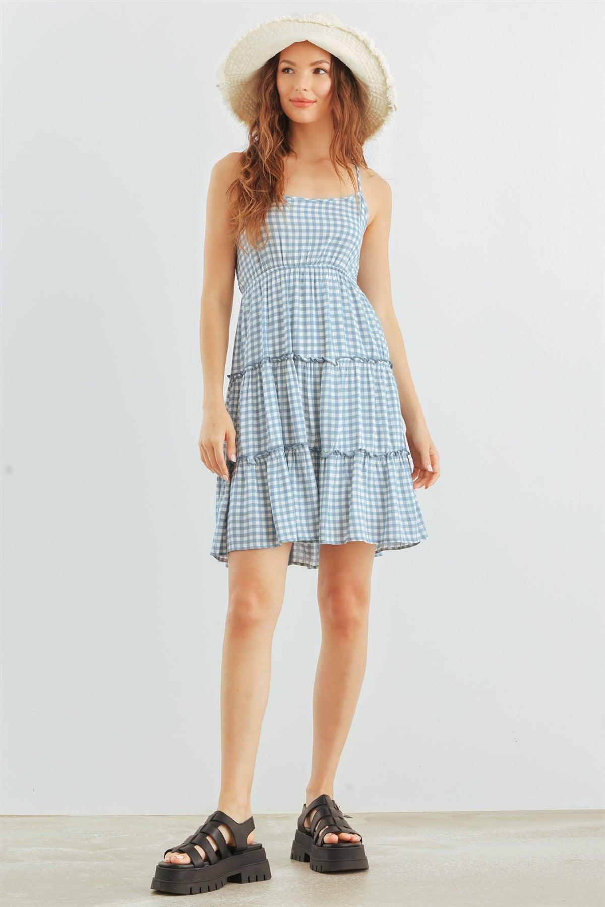 White & Blue Plaid Strappy Ruffle Mini Dress /2-2-2