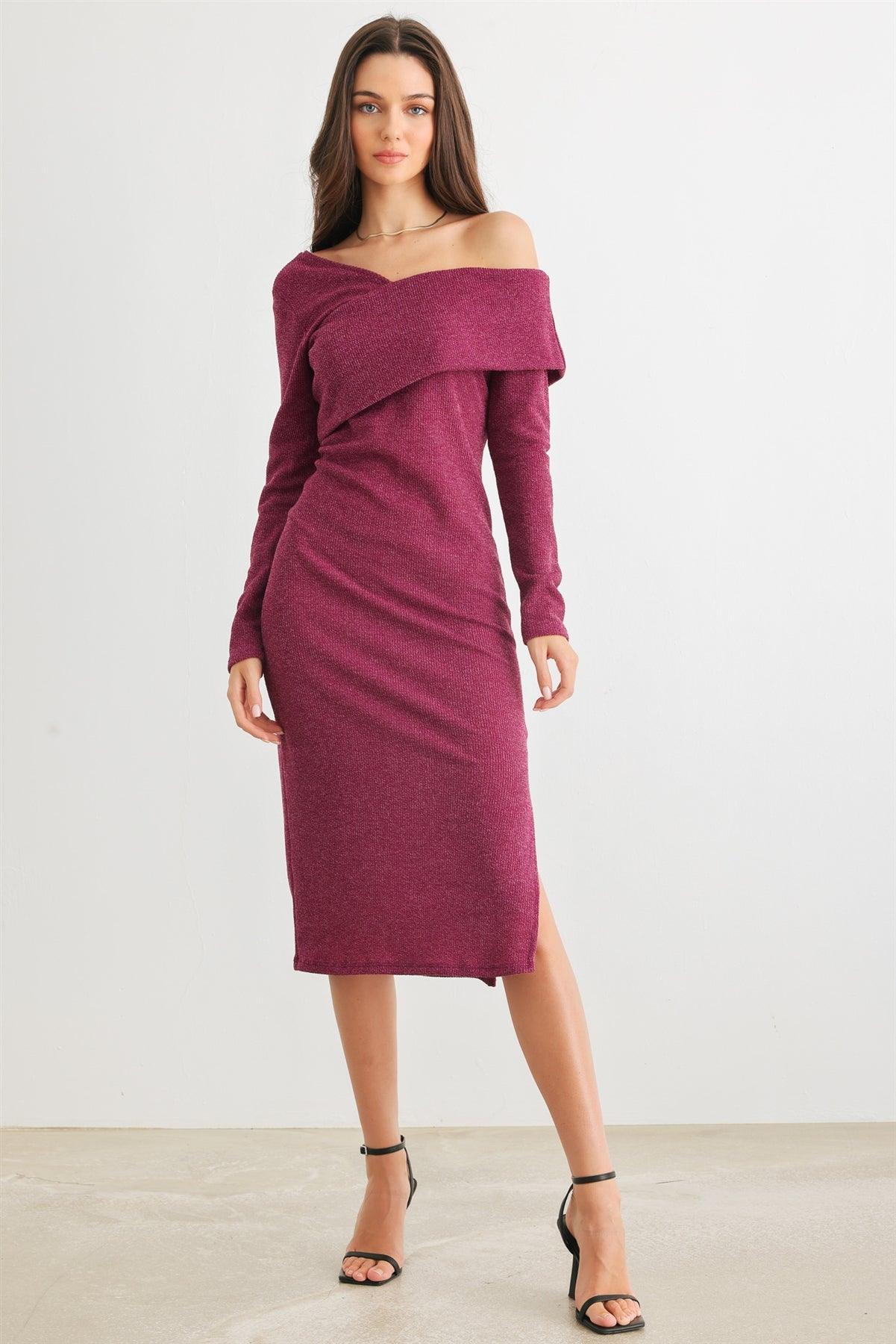 Magenta Knit Cold Shoulder Long Sleeve Collar Neck Midi Dress /2-2-2