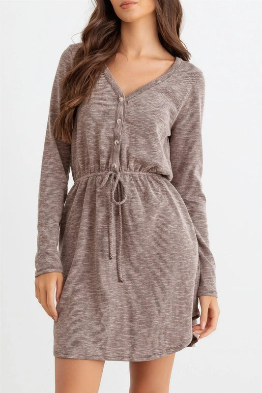 Chocolate Ribbed Button Neck Two Pocket Long Sleeve Mini Dress /1-2 - Tasha Apparel Wholesale