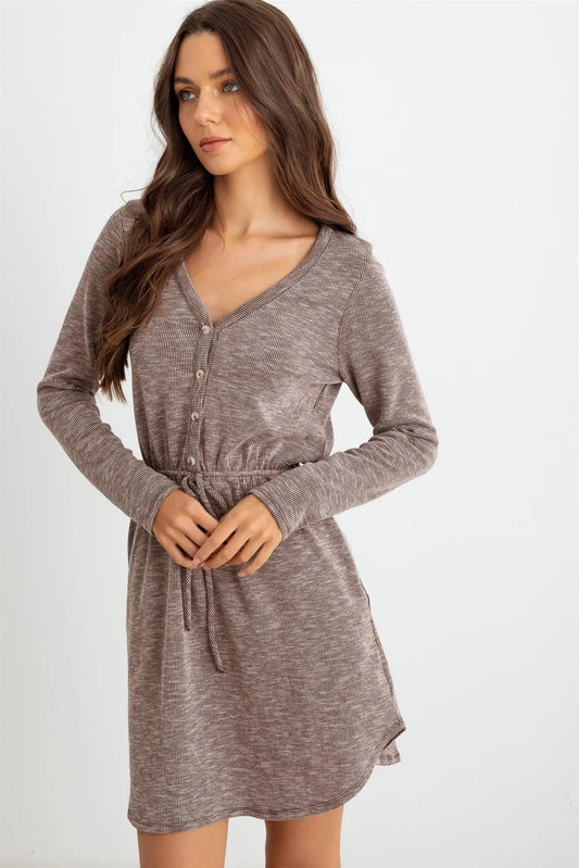 Chocolate Ribbed Button Neck Two Pocket Long Sleeve Mini Dress /2-2-2 - Tasha Apparel Wholesale