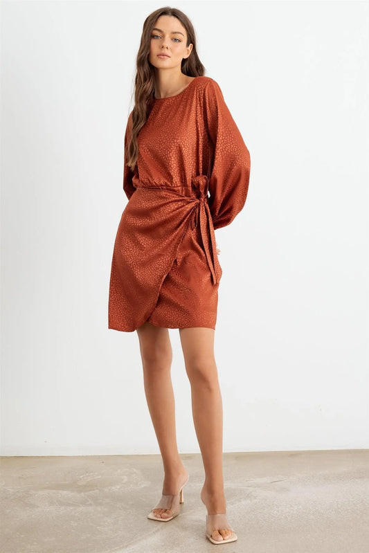 Rust Printed Satin Wrap Hem Long Sleeve Mini Dress /2-2-2 - Tasha Apparel Wholesale