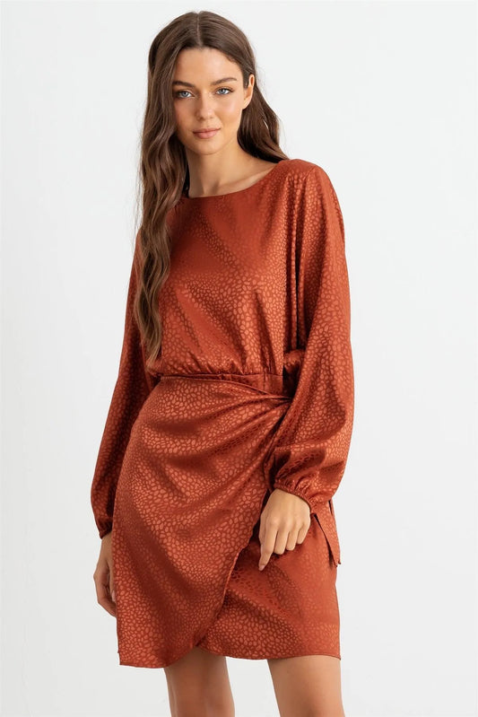 Rust Printed Satin Wrap Hem Long Sleeve Mini Dress /3-2-2 - Tasha Apparel Wholesale