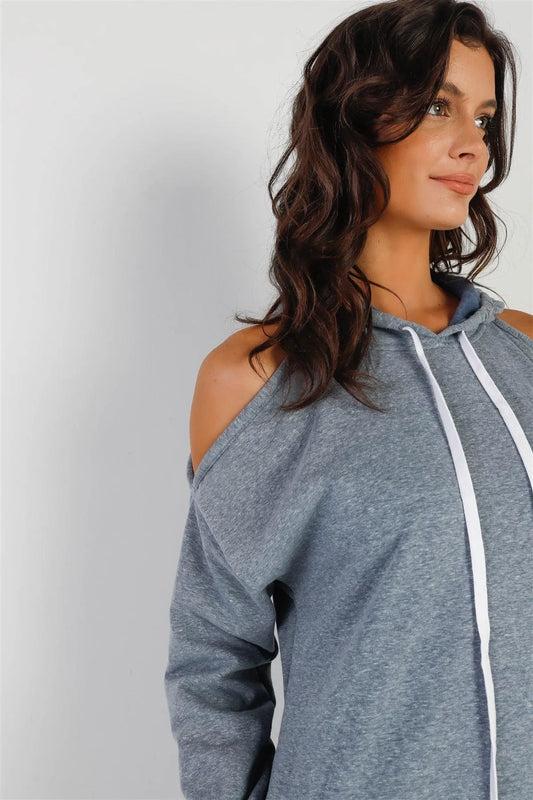 Light Blue Cold Shoulder Hooded Long Sleeve Dress /1-1-1 - Tasha Apparel Wholesale
