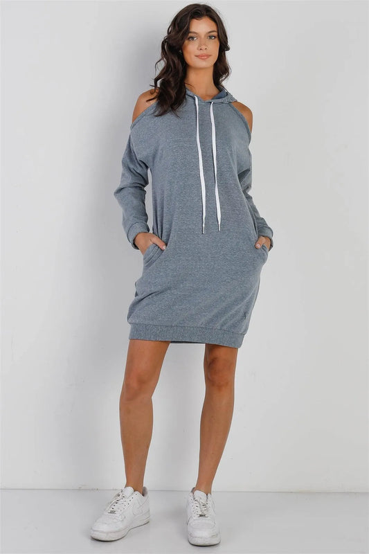Light Blue Cold Shoulder Hooded Long Sleeve Dress - Tasha Apparel Wholesale