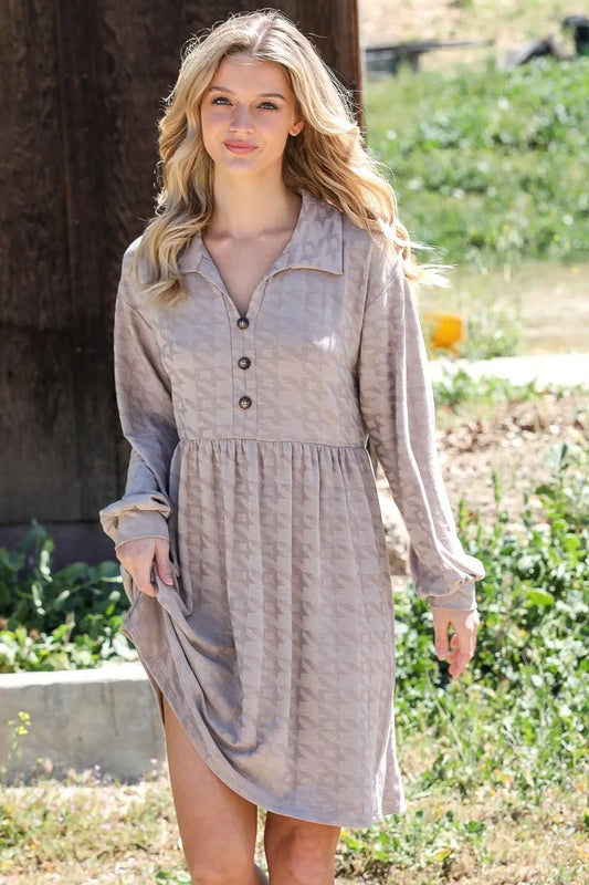 Stone Houndstooth Print Button Up Long Balloon Sleeve Collared Mini Dress /2-2-2 - Tasha Apparel Wholesale