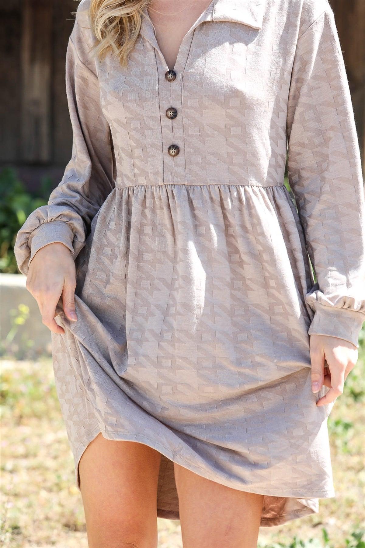 Stone Houndstooth Print Button Up Long Balloon Sleeve Collared Mini Dress /2-2-2