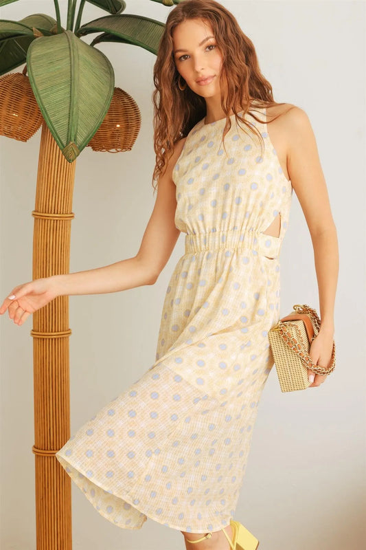 Ivory & Yellow Floral Sleeveless Cut-Out Midi Dress /1-3-3 - Tasha Apparel Wholesale
