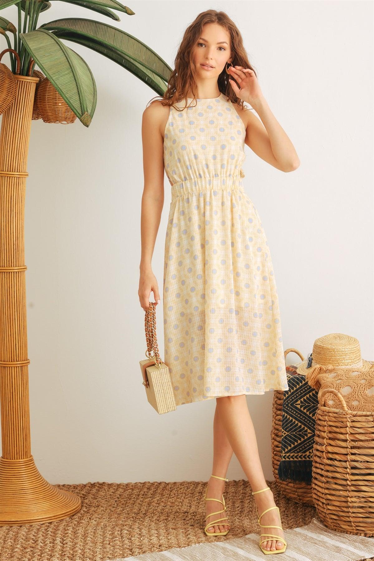 Ivory & Yellow Floral Sleeveless Cut-Out Midi Dress /1-3-3