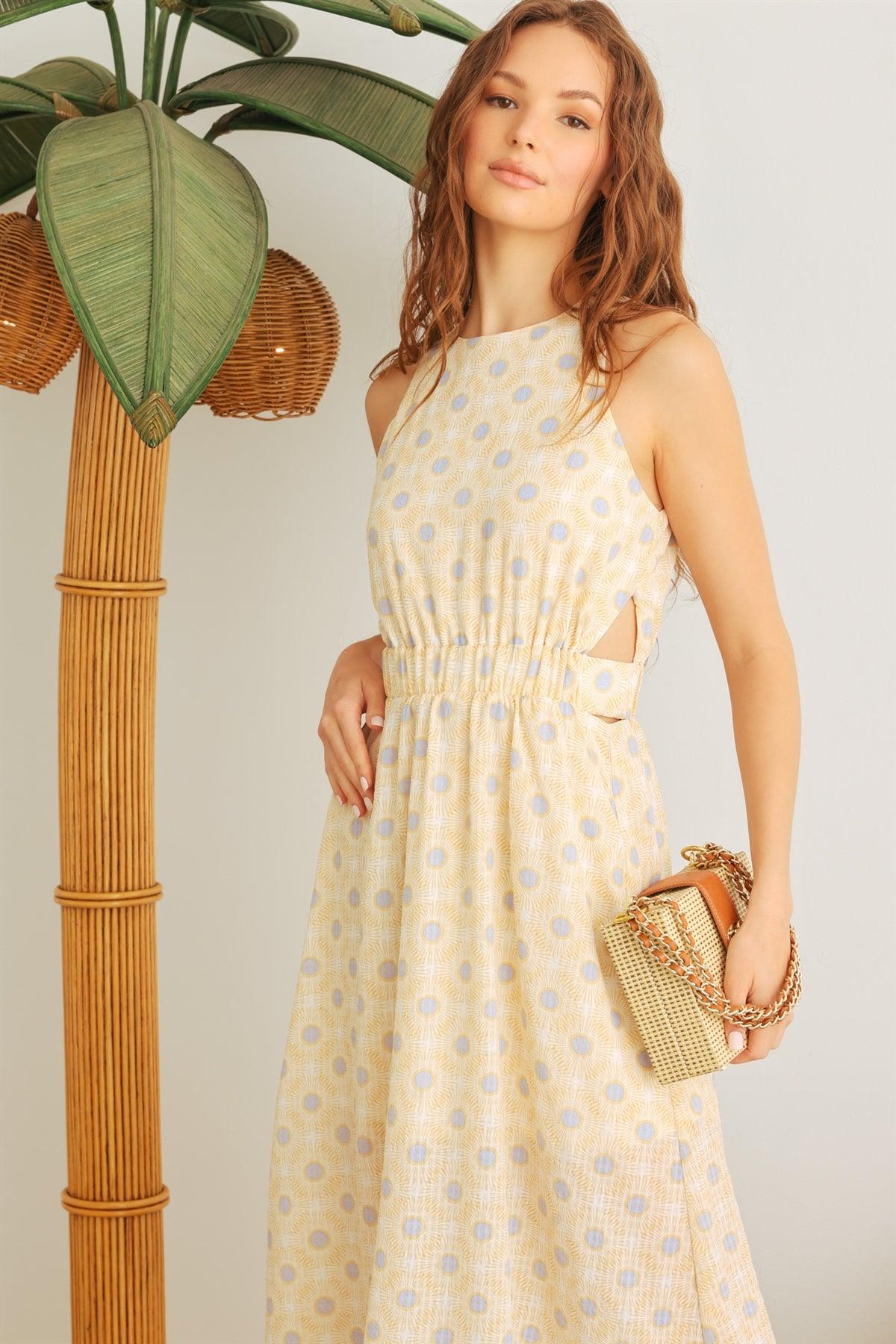 Ivory & Yellow Floral Sleeveless Cut-Out Midi Dress /1-3-3