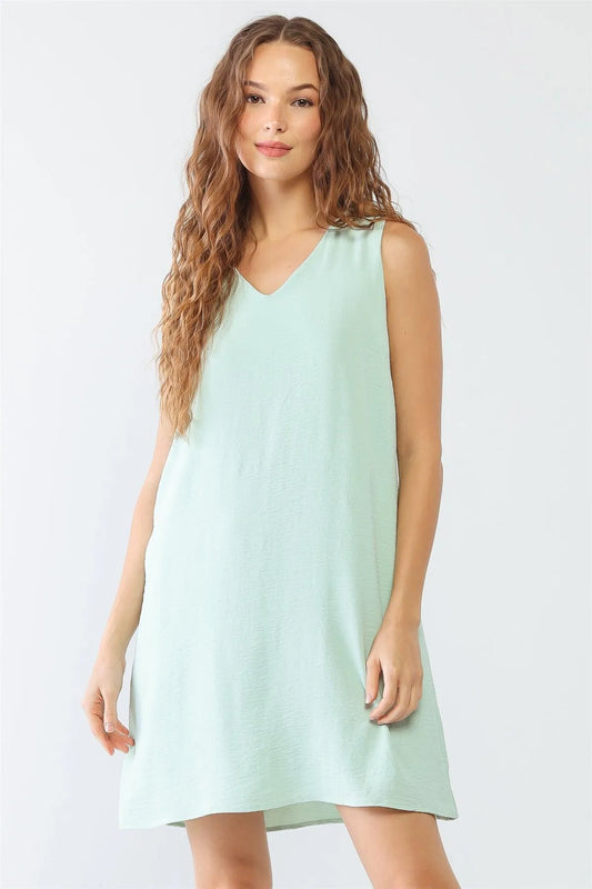 Dusty Mint Textured Sleeveless V-Neck Mini Dress /2-2-2 - Tasha Apparel Wholesale