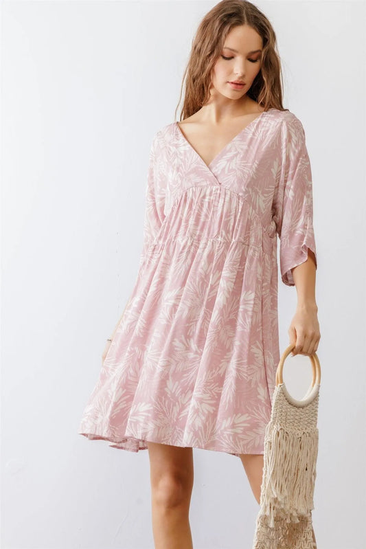 Pink White Leaf Wrap V-Neck Tie Back Flare Hem Mini Dress /2-2-2 - Tasha Apparel Wholesale