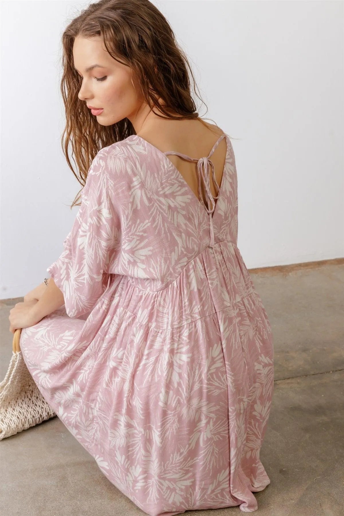 Pink White Leaf Wrap V-Neck Tie Back Flare Hem Mini Dress /2-2-2 Pink White Leaf Wrap V-Neck Tie Back Flare Hem Mini Dress /2-2-2