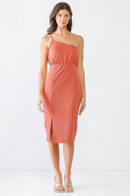 Terracotta Textured One Shoulder Sleeveless Midi Dress /2-2-2 - Tasha Apparel Wholesale