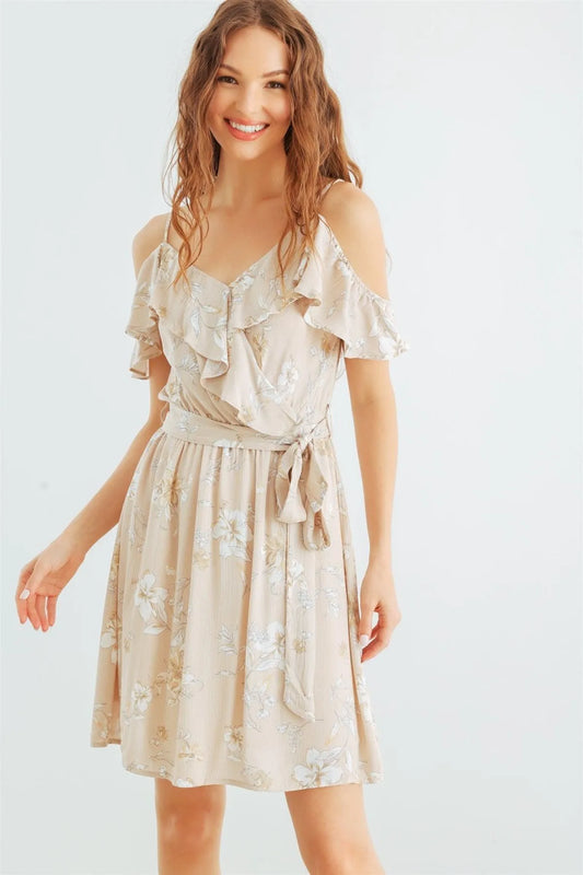 Taupe & White Floral Cold Shoulder Wrap Neck Ruffle Belted Mini Dress /2-2-2 - Tasha Apparel Wholesale