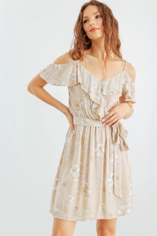 Taupe & White Floral Cold Shoulder Wrap Neck Ruffle Belted Mini Dress /1-3-3 - Tasha Apparel Wholesale