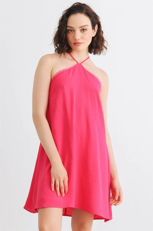 Fuchsia Sleeveless Halter Neck Criss-Cross Back Mini Dress /2-2-2 - Tasha Apparel Wholesale