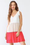 White & Coral Colorblocked Textured V-Neck Sleeveless Mini Dress /2-2-2