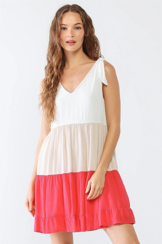 White & Coral Colorblocked Textured V-Neck Sleeveless Mini Dress /2-2-2 - Tasha Apparel Wholesale