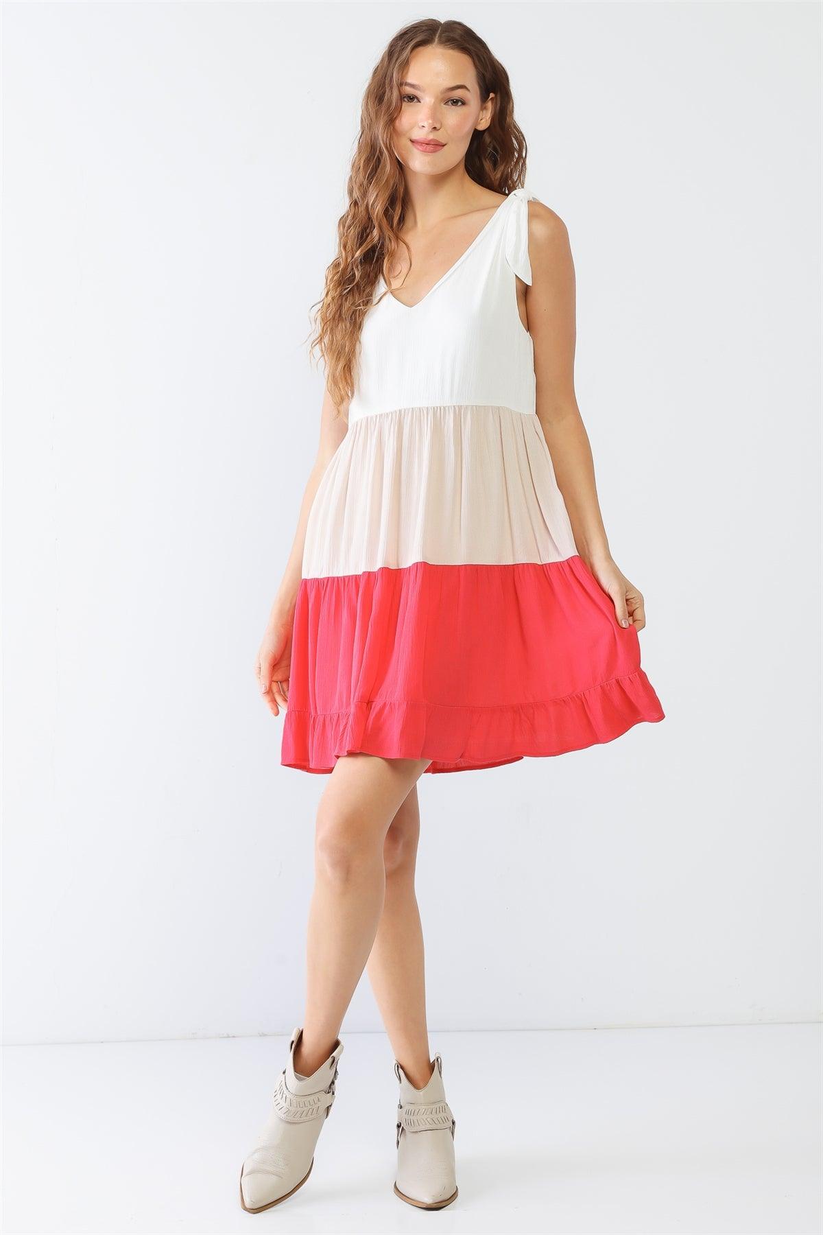 White & Coral Colorblocked Textured V-Neck Sleeveless Mini Dress /2-2-2