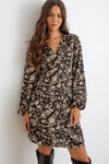 Black Flower Satin Long Sleeve Wrap Neck Mini Dress - Tasha Apparel Wholesale