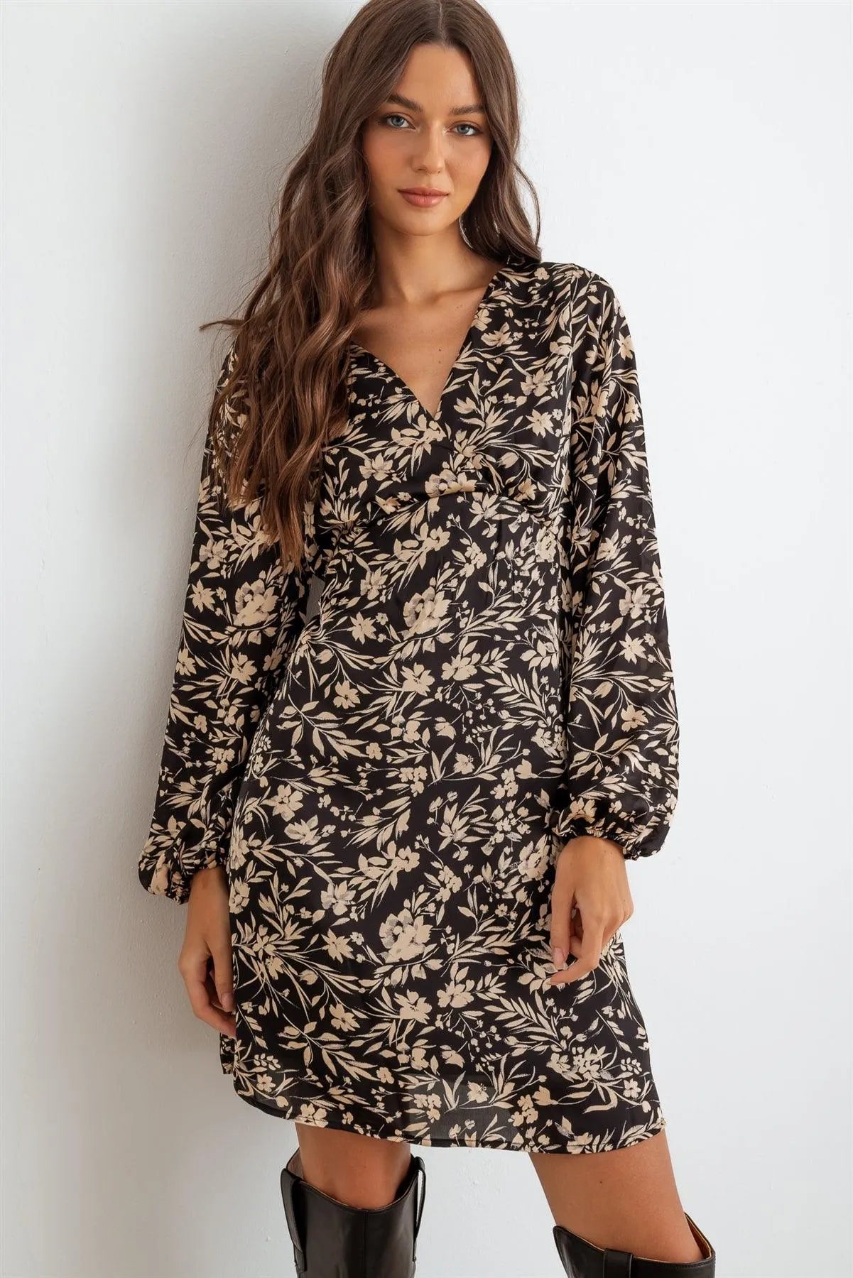 Black Flower Satin Long Sleeve Wrap Neck Mini Dress - Tasha Apparel Wholesale