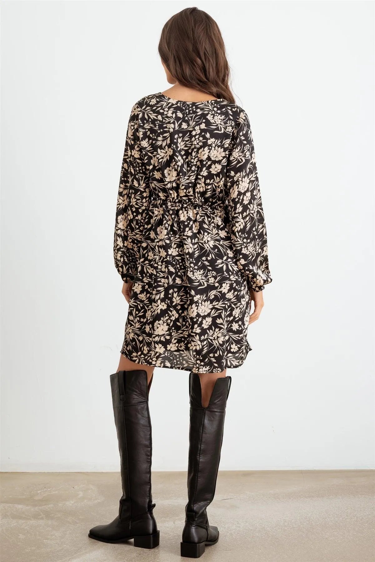 Black Flower Satin Long Sleeve Wrap Neck Mini Dress - Tasha Apparel Wholesale
