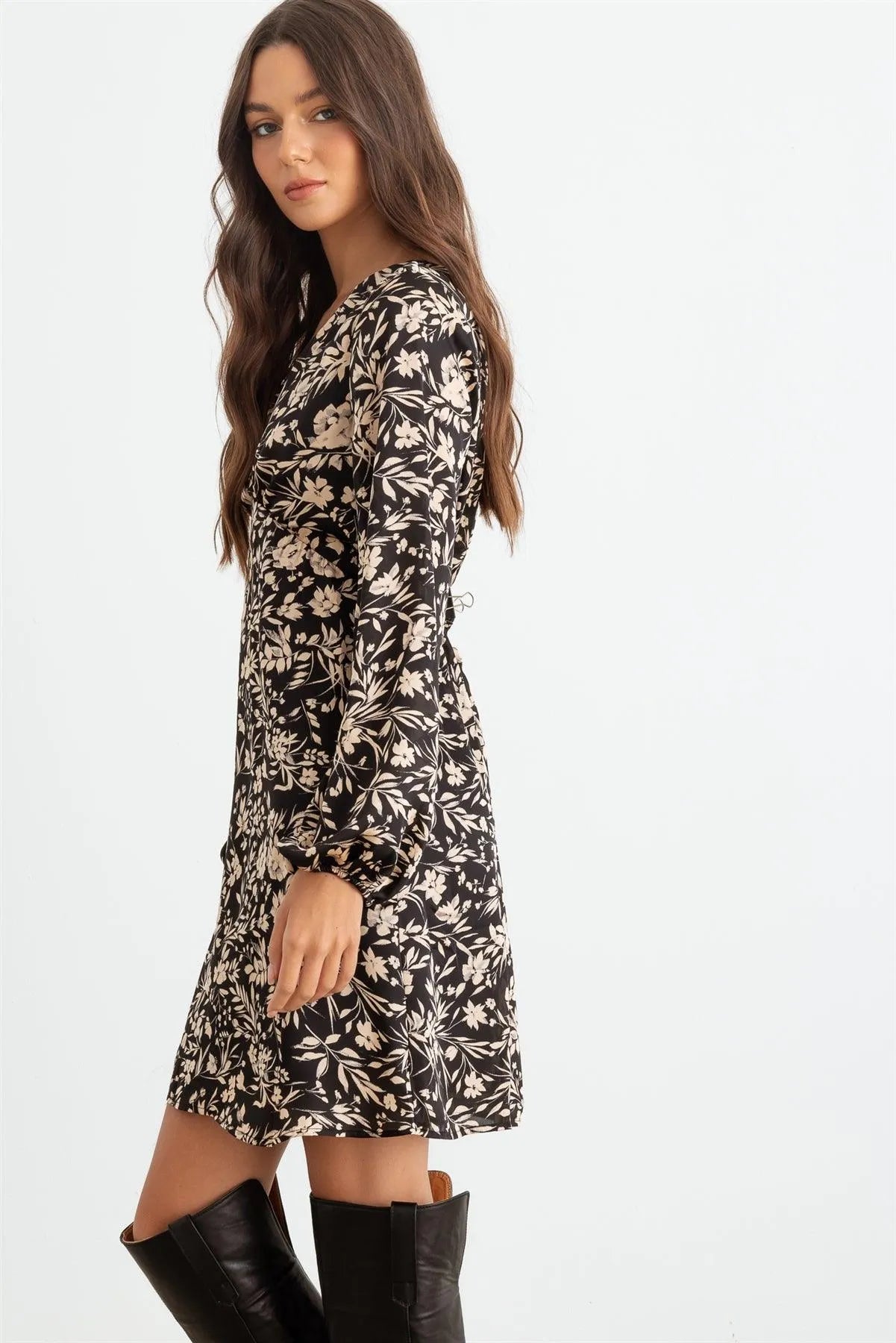 Black Flower Satin Long Sleeve Wrap Neck Mini Dress - Tasha Apparel Wholesale