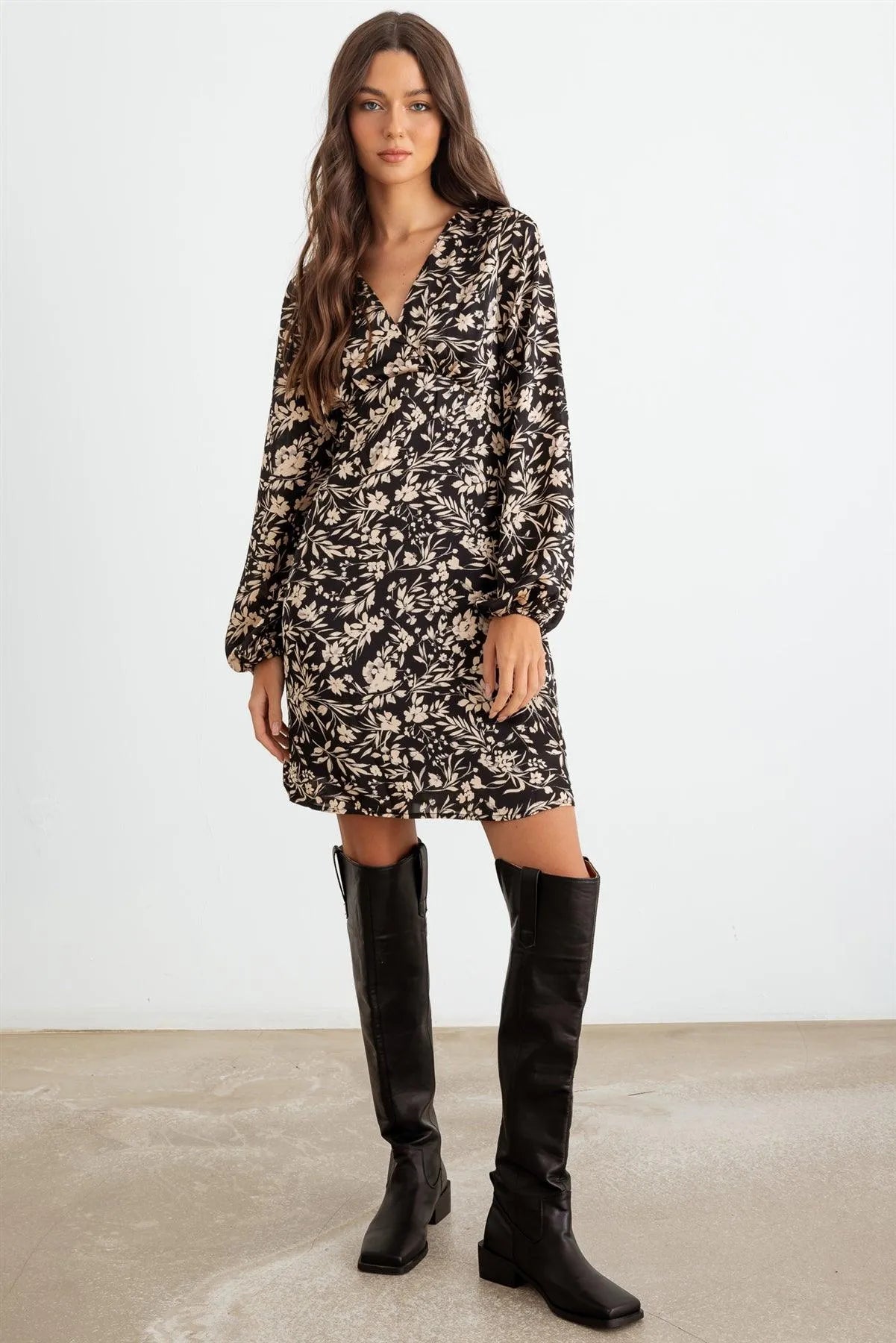 Black Flower Satin Long Sleeve Wrap Neck Mini Dress - Tasha Apparel Wholesale
