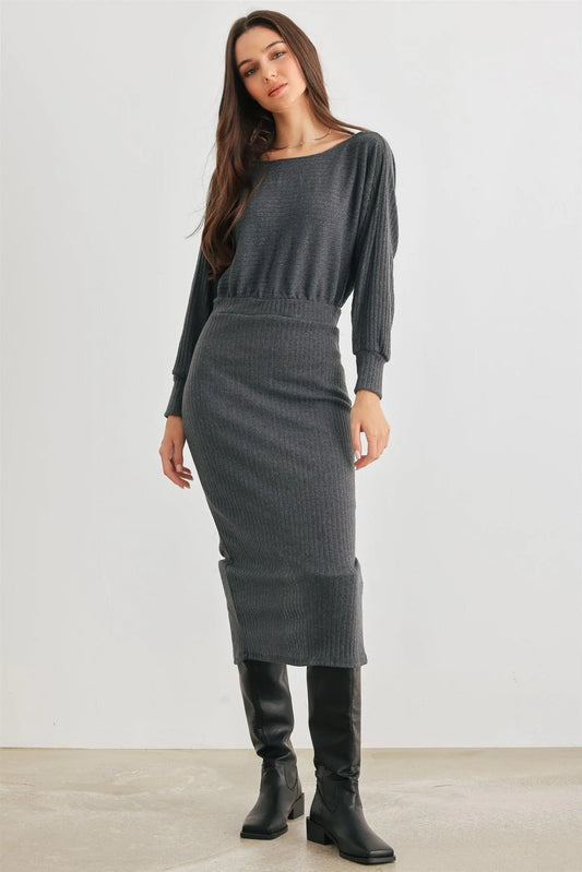 Dark Olive Ribbed Knit Cut-Out Back Long Sleeve Midi Dress /2-2-2 - Tasha Apparel Wholesale