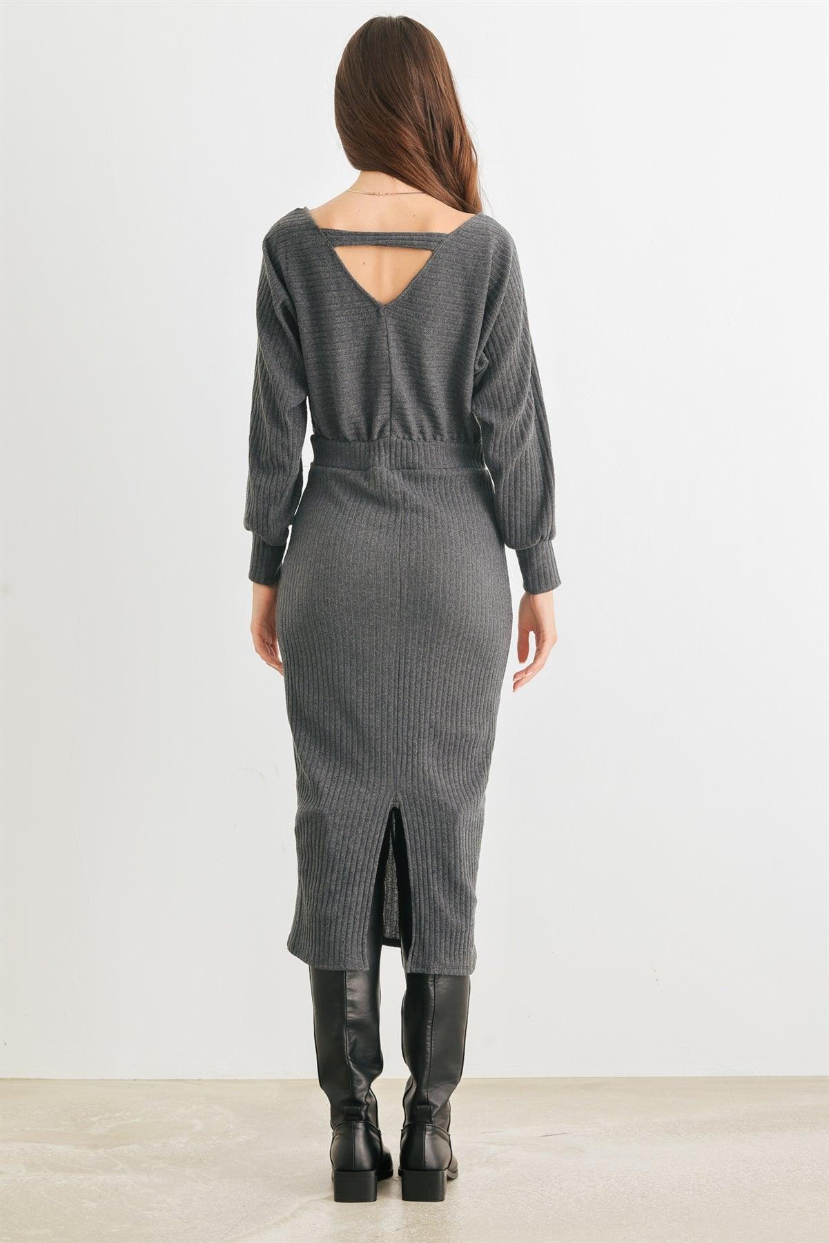 Dark Olive Ribbed Knit Cut-Out Back Long Sleeve Midi Dress /2-2-2