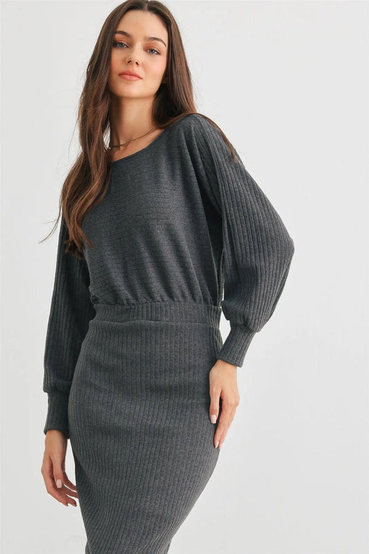 Dark Olive Ribbed Knit Cut-Out Back Long Sleeve Midi Dress /3-2-2 - Tasha Apparel Wholesale