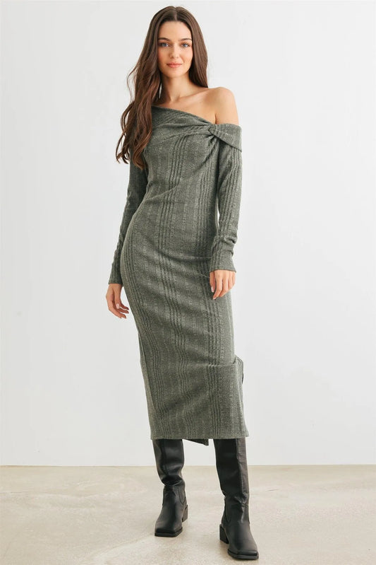 Dark Olive Ribbed Knit One Shoulder Long Sleeve Twist Detail Midi Dress /2-2-2 - Tasha Apparel Wholesale