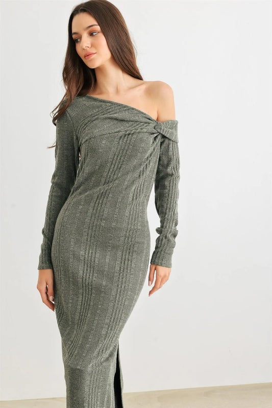 Dark Olive Ribbed Knit One Shoulder Long Sleeve Twist Detail Midi Dress /2-2-4 - Tasha Apparel Wholesale