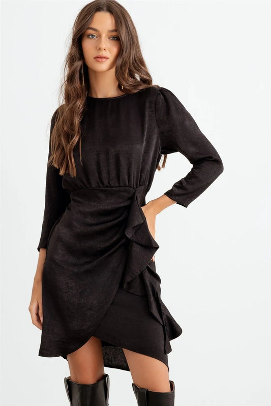 Black Satin Midi Sleeve Ruffle Side Wrap Mini Dress /2-2-2 - Tasha Apparel Wholesale