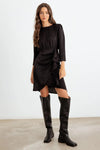 Black Satin Midi Sleeve Ruffle Side Wrap Mini Dress /3-2-2 - Tasha Apparel Wholesale
