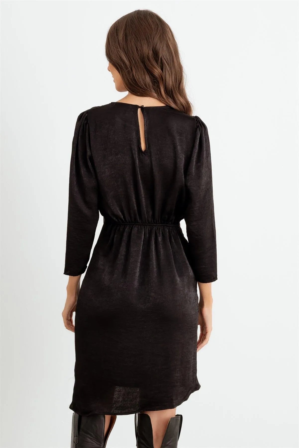 Black Satin Midi Sleeve Ruffle Side Wrap Mini Dress /3-2-2 - Tasha Apparel Wholesale