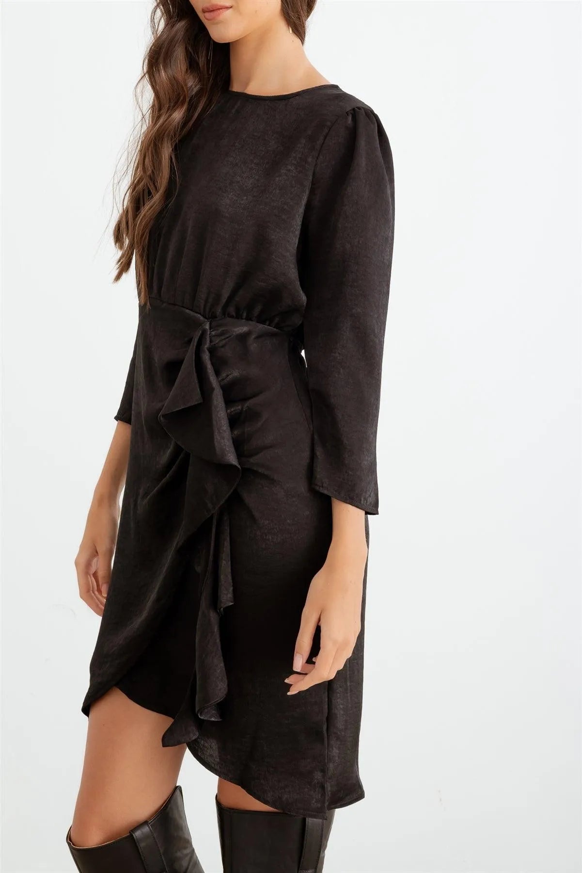 Black Satin Midi Sleeve Ruffle Side Wrap Mini Dress /3-2-2 - Tasha Apparel Wholesale