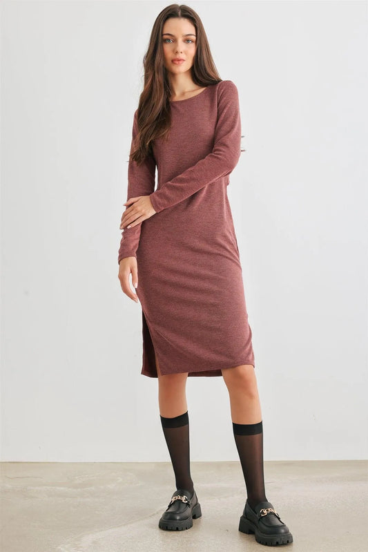 Burgundy Cut-Out Back Long Sleeve Midi Dress /1-1-1 - Tasha Apparel Wholesale