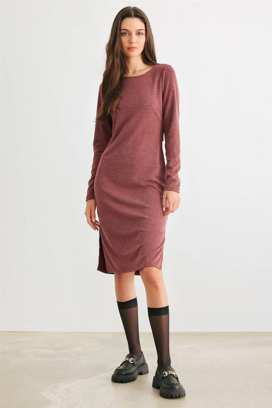 Burgundy Cut-Out Back Long Sleeve Midi Dress /2-2-2 - Tasha Apparel Wholesale