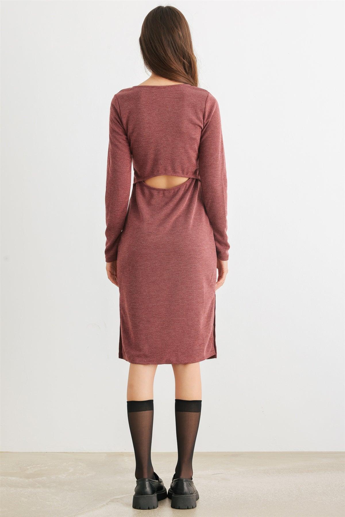 Burgundy Cut-Out Back Long Sleeve Midi Dress /2-2-2