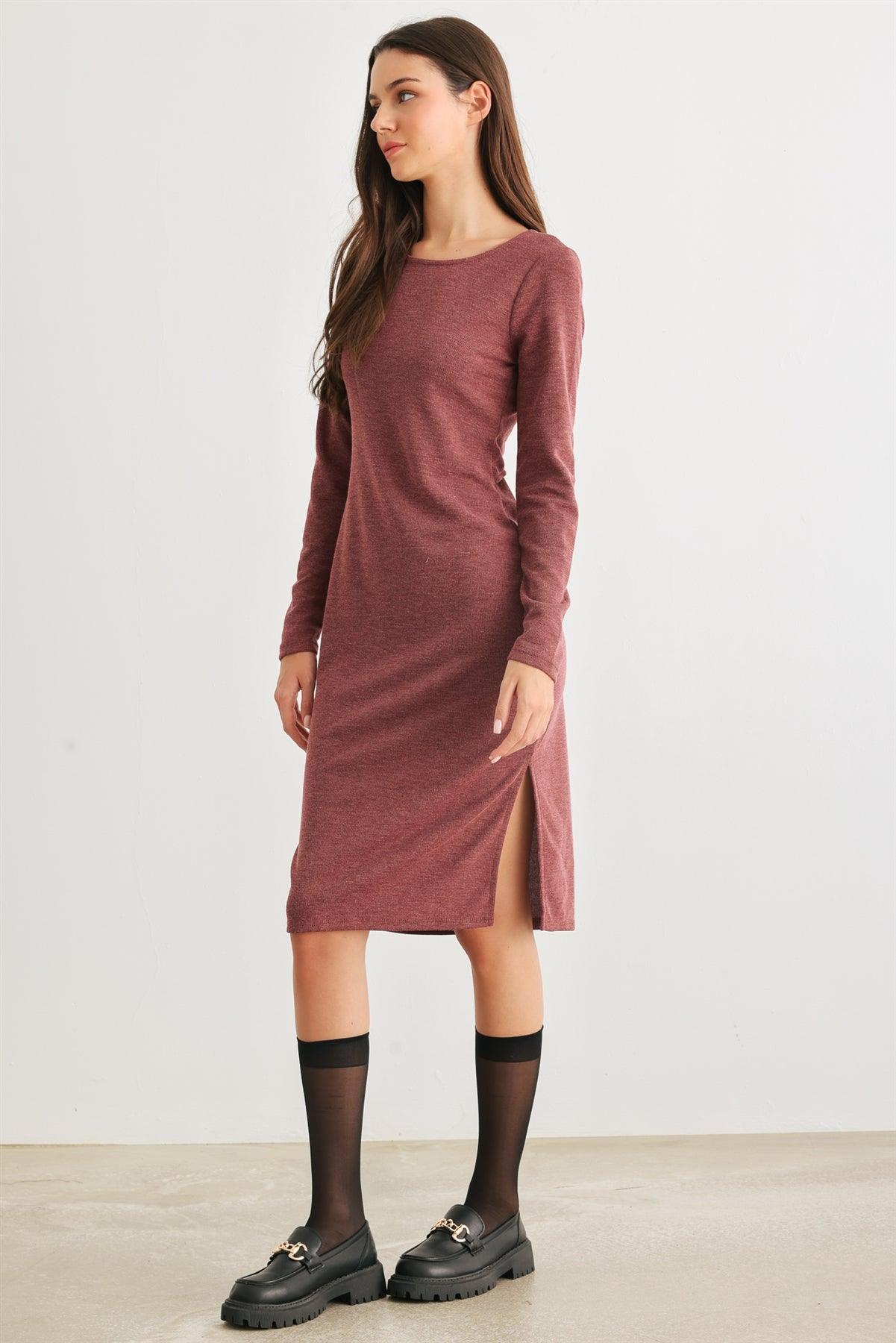 Burgundy Cut-Out Back Long Sleeve Midi Dress /2-2-2