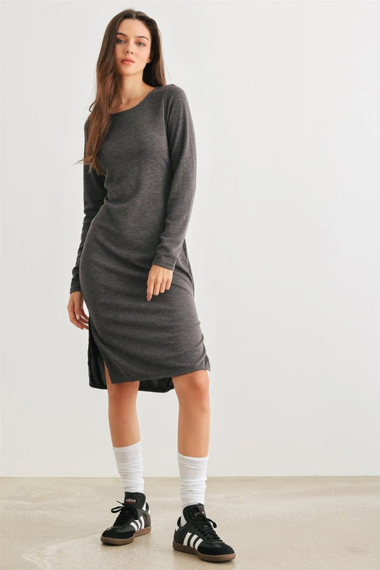 Charcoal Cut-Out Back Long Sleeve Midi Dress /2-2-2 - Tasha Apparel Wholesale